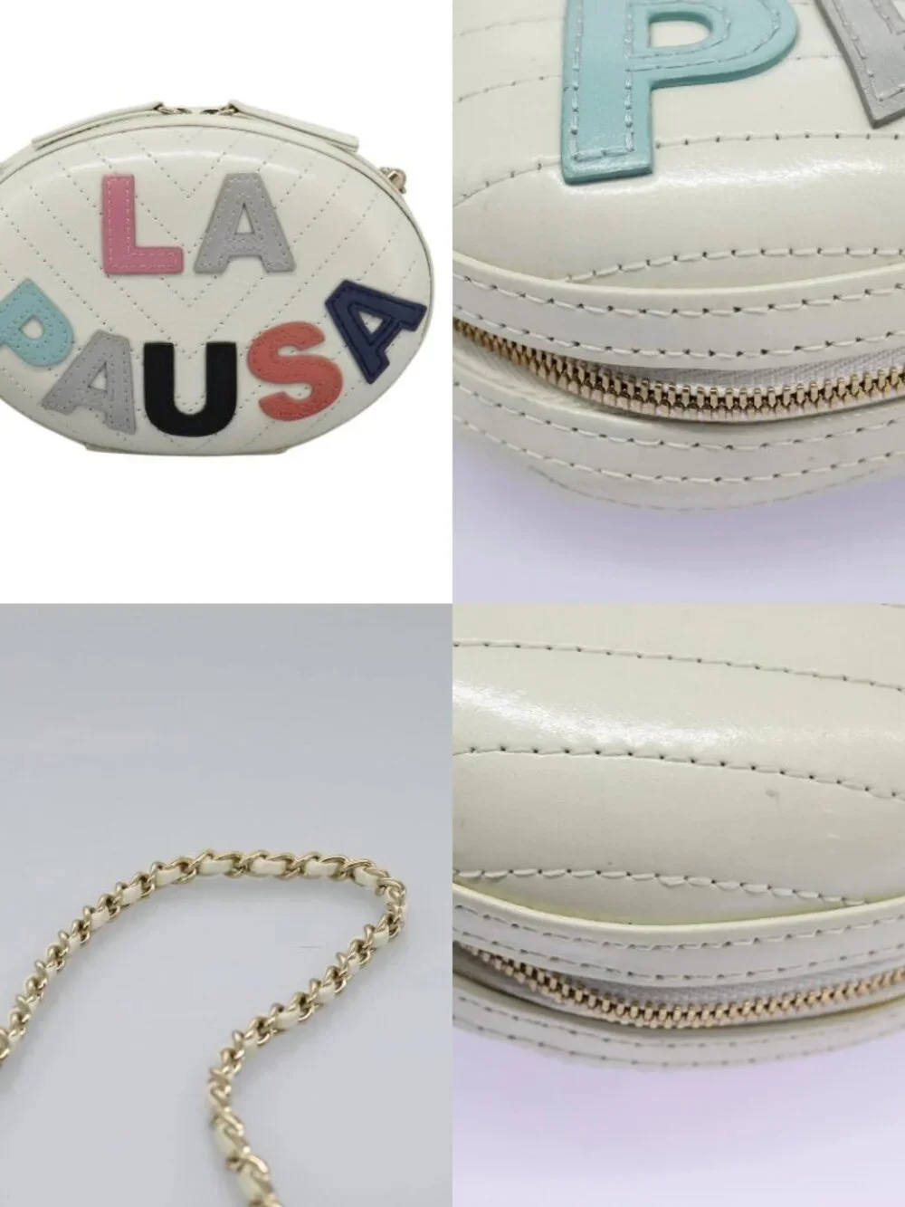 CHANEL V Stitch LA PAUSA Chain Shoulder Bag Leather White CC Auth bs23014SAV